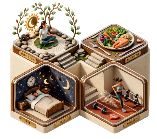 The 4 pillars of healing illustrated as four rooms: meditation, nutrition, rest and daily activity